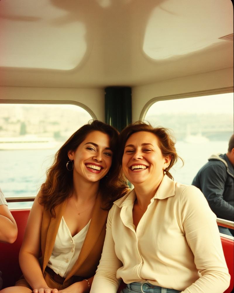 A vintage film photo of two people laughing on a Bosphorus ferry